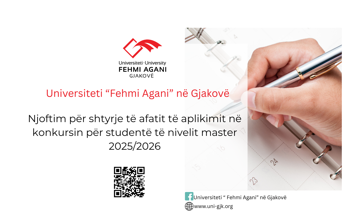 Njoftim për shtyrje të afatit të aplikimit në konkursin për studentë të nivelit Master në vitin akademik 2025/2026